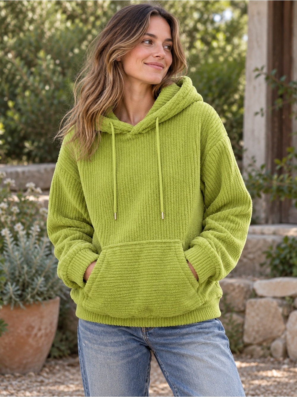 Earthbound Boho Lime Green Textured Oversized Hoodie Pullover Kangaroo Pocket M